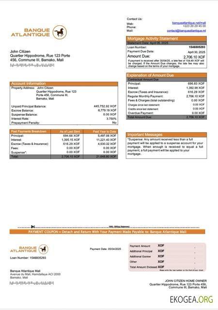 Mali Banque Atlantique Mali Relevé hypothécaire Modèle Word et PDF